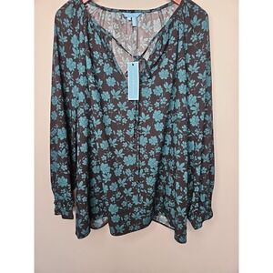 Draper James Blouse 3X Black Green Floral Popover Tie Neck Dark Feminine Boho